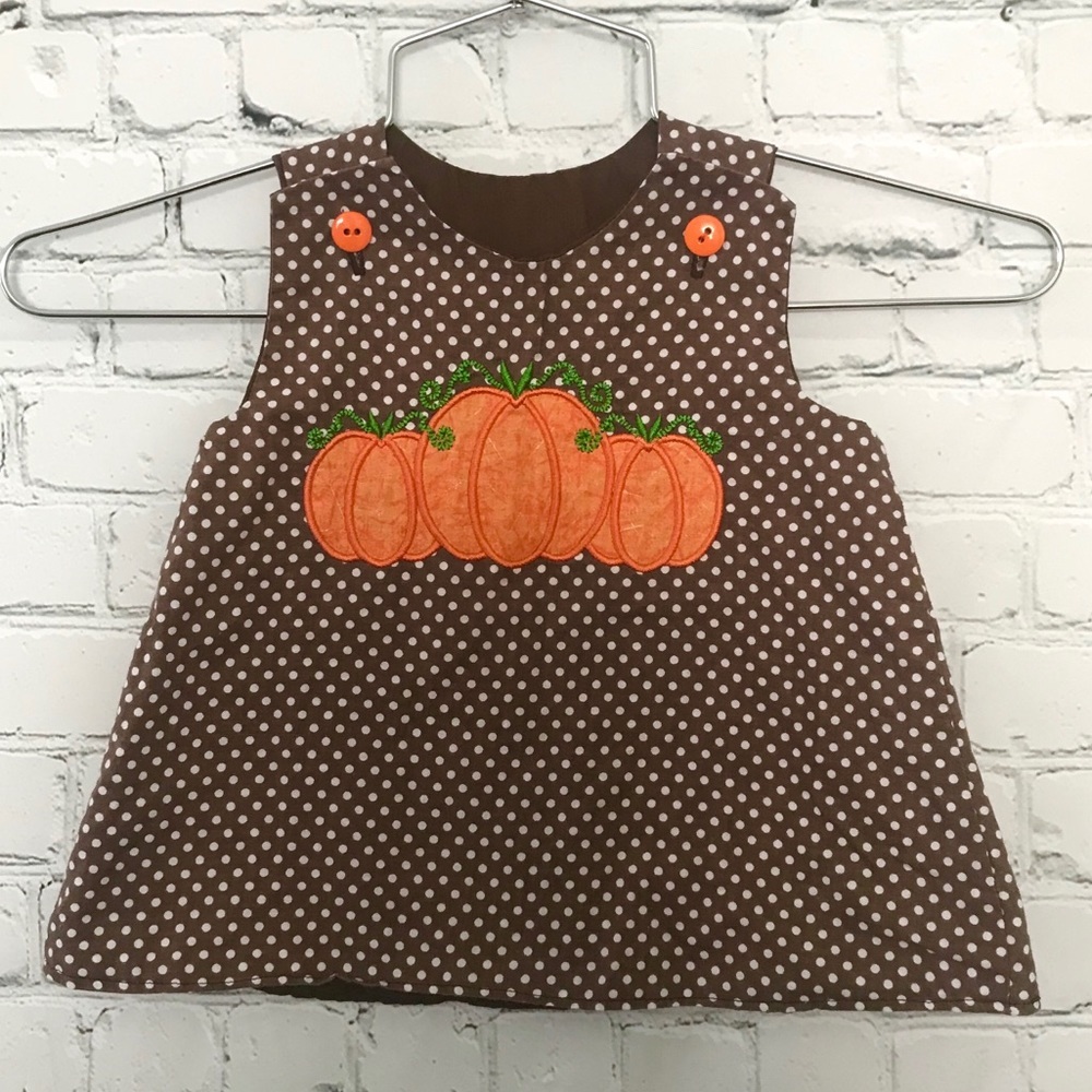 Vintage 70’s pumpkin appliqué dress brown polka dot Halloween